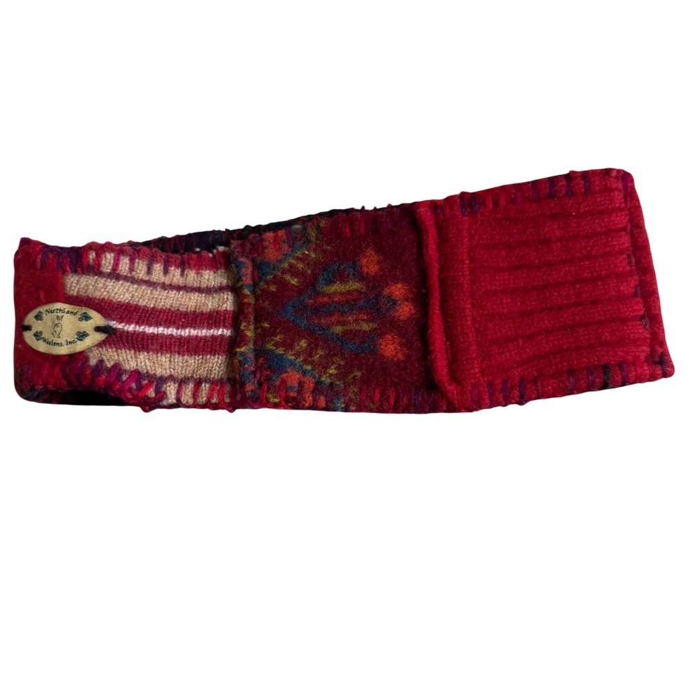 Northland Woolens Patchwork Wool Fleece Lined Ear Warmer Headband Red Mixed Knit